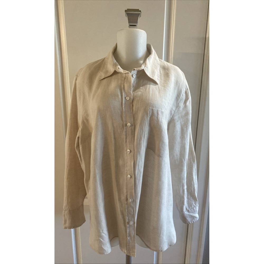 H&M 100% Linen Beige Button Down Long Sleeve Shirt Size Large Coastal Resort